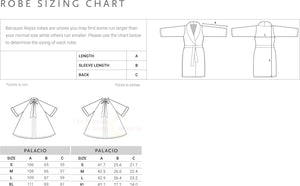 Abyss Palacio Robe unisex sizing chart in metric and imperial dimensions