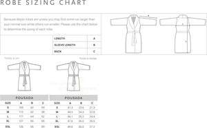 Abyss Pousada Robe unisex sizing chart in metric and imperial dimensions