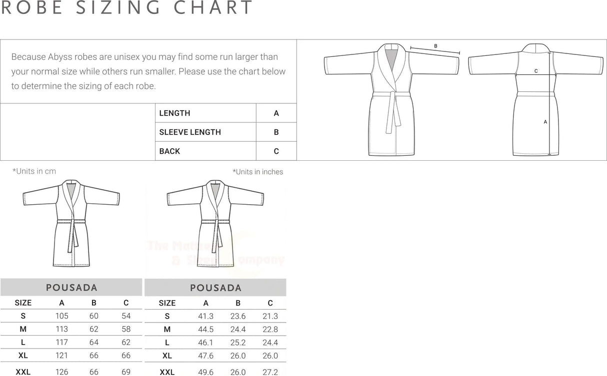 Abyss Pousada Robe unisex sizing chart in metric and imperial dimensions