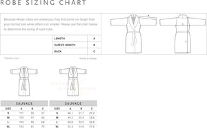 Abyss Sauvage Robe unisex sizing chart in metric and imperial dimensions