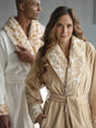 A&H Sauvage Robes. She's wearing colour 714 Sand, and he's wearing colour 840 Gold