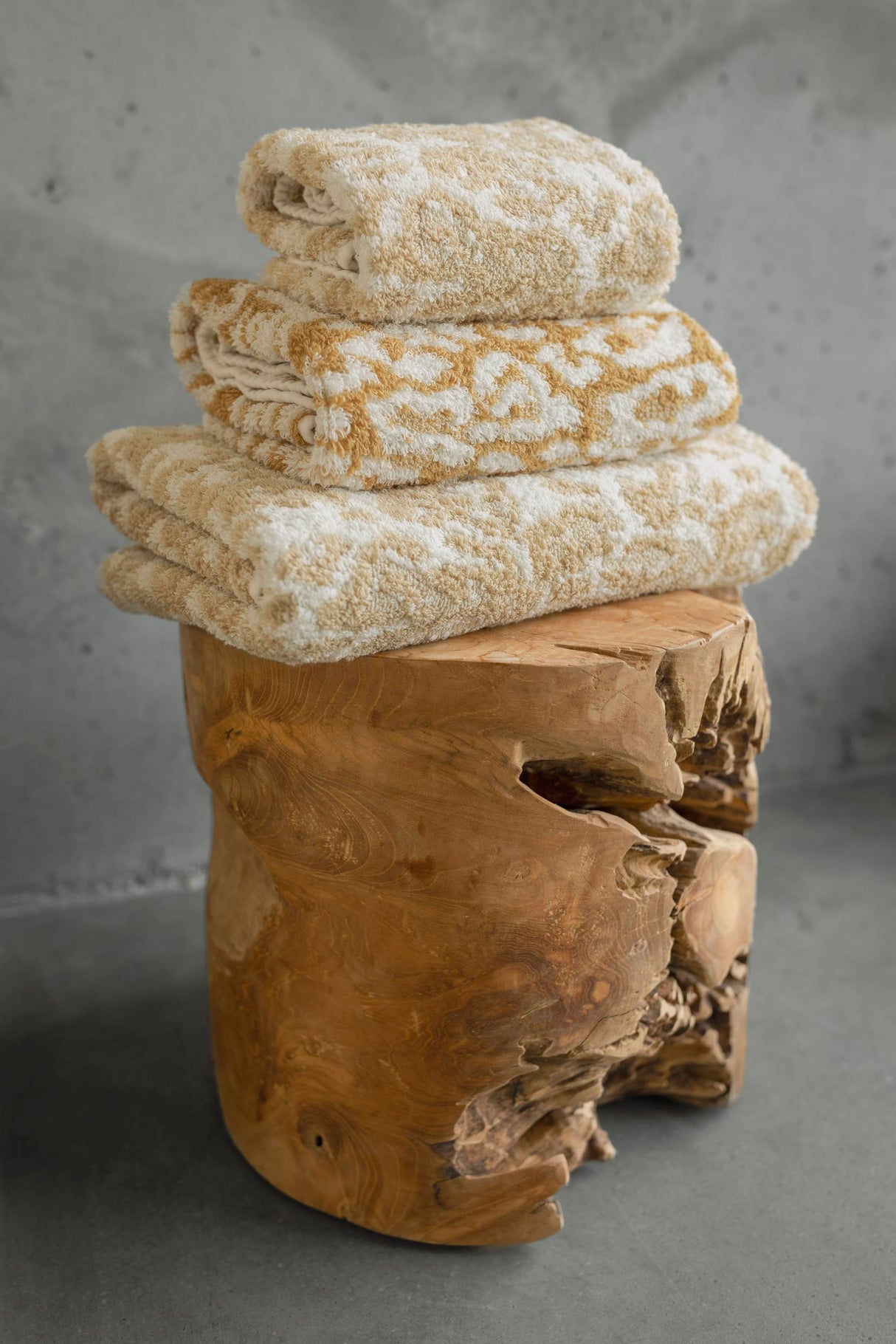 A&H Sauvage Towels, top-to-bottom: 714 Sand, 840 Gold & 714 Sand. Crafted from 100% Egyptian Cotton Extra-Long Staple