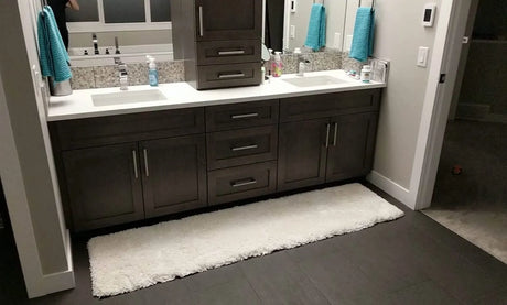 A&H Shag Rug in 100 White, Dual Vanity - shown in a Calgary-area home.
