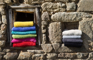 A&H Super Pile Towels (left, top-to-bottom): 830 Banane, 304 Marina, 370 Turquoise, 165 Apple Green, 570 Happy Pink & 564 Carmin. Right (top-to-bottom): 103 Ivory, 992 Platinum, 920 Gris and 990 Black