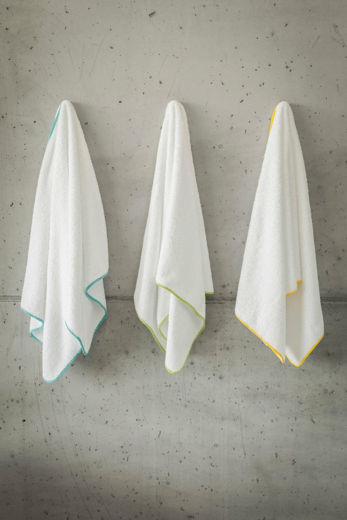 Abyss Surf Towels - 100 White Base. Contrasting Bias Trim, Left-to-Right: 302 Lagoon, 165 Apple Green and 830 Banane