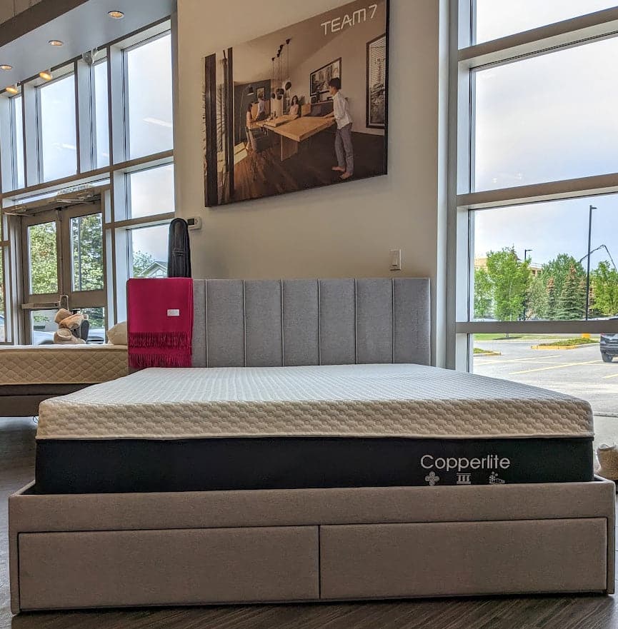 The Alina Bed in our Calgary store w/ a St Geneve throw & Paarizaat Copperlite mattress.