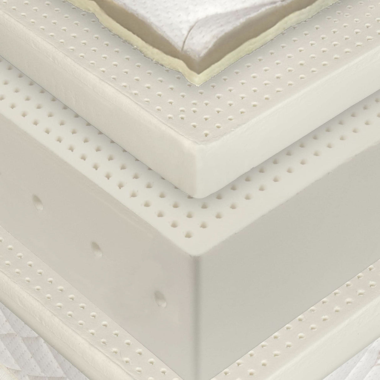 A closeup of the layers in our 10" 100% natural Vita Talalay latex mattress. Knit organic cotton fabric, pure camel down, French wool, 2" + 6" 7-zone and 2" of latex, in a variety of firmness configurations for each sleeping partner.