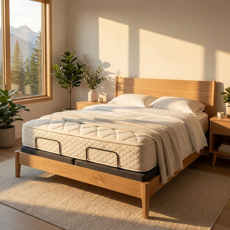 Our Berkeley Ergonomics Copenhagen 10" Talalay latex mattress on a pair of split queen Ergomotion e4+ adjustable bed bases