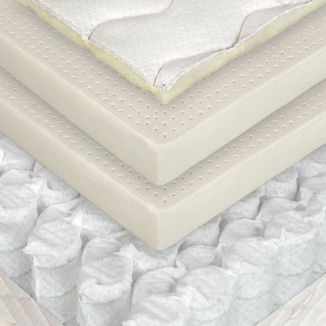 Organic knit cotton, pure French wool, two 2" layers of 100% natural Vita Talalay latex and innovative bi-level honeycomb nested pocket springs make up our Dublin Hybrid mattress by Berkeley Ergonomics