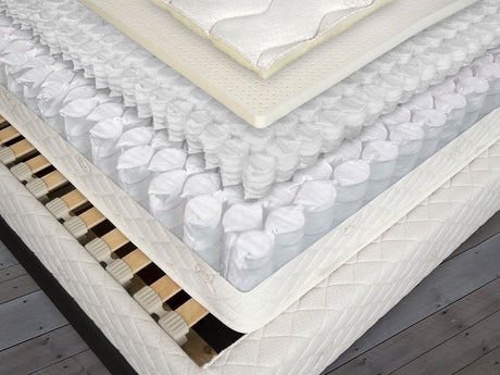 Organic cotton, French wool, 1" of 100% natural Vita Talalay latex + two layers of mini & honeycomb nested European pocket springs make up our Rome Hybrid mattress