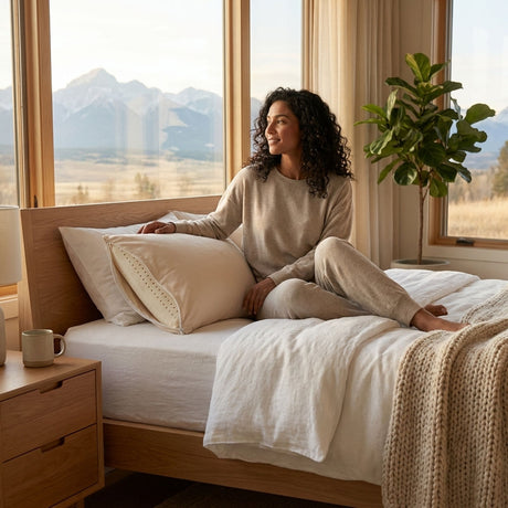 The BE Willow pillow is made from a ventilated 100% natural Vita Talalay latex core. A washable knit organic cotton cover is included