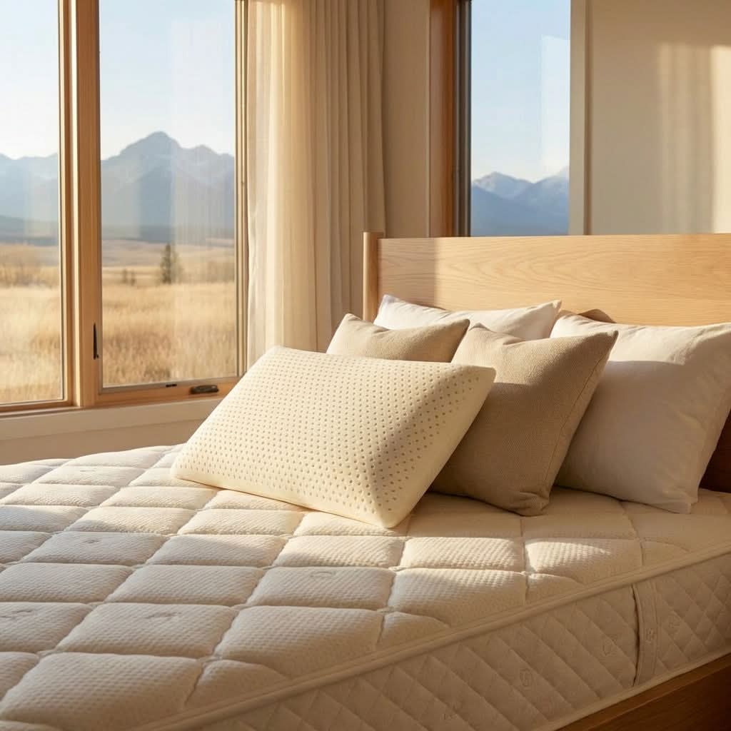 The BE Willow pillow is made from a ventilated 100% natural Vita Talalay latex core. A washable knit organic cotton cover is included