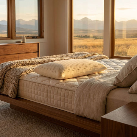 The BE Willow pillow is made from a ventilated 100% natural Vita Talalay latex core. A washable knit organic cotton cover is included