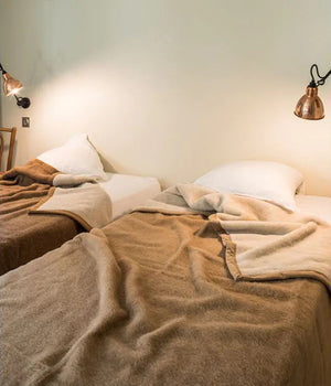Chamois / Crème (left), Café / Crème (right). 100% Alpaca Blankets by Brun de Vian-Tiran