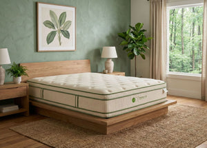 Two-sided, flippable latex and pocket coil hybrid mattress. Made in Canada by Dreamstar. Background is AI imagined. photo: TMASC