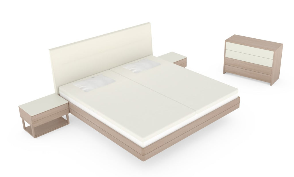Float Bed in White Oil Alder + Sera Snow Fabric, Matte Pearl Glass Accents rendered in Furnplan