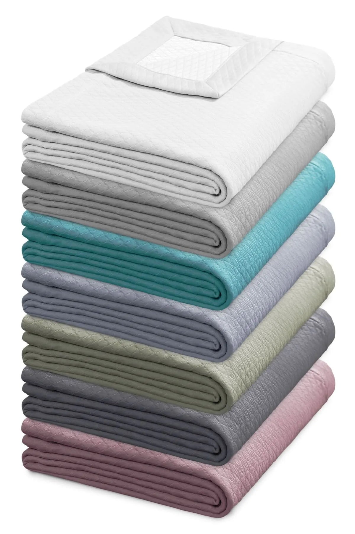 From top-to-bottom: 0114 Off-White, 0701 Grey, 0302 Arctic, 0211 Jeans Blue, 0633 Grey Green, 0701 Grey and 0528 Amethyst