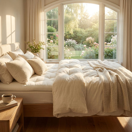 Our organic latex and wool mattress topper is two-sided and designed to be flipped for longevity. The t•masc mattress topper is made in Canada by Obasan