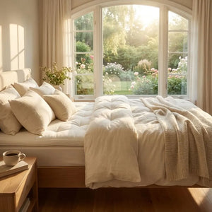 Our organic latex and wool mattress topper is two-sided and designed to be flipped for longevity. The t•masc mattress topper is made in Canada by Obasan