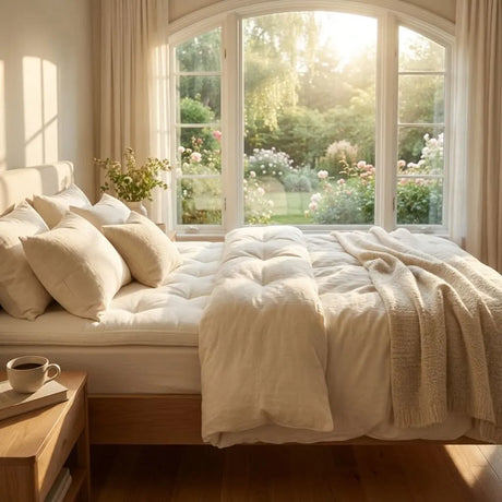 Our organic latex and wool mattress topper is two-sided and designed to be flipped for longevity. The t•masc mattress topper is made in Canada by Obasan