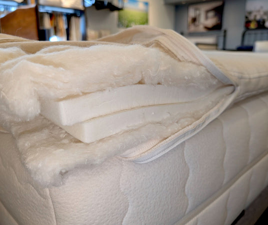 The wool layers in our organic mattress topper are needle punched and quilted to the organic cotton knit cover