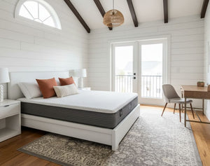 Our Paradigm hybrid mattress is Made in Calgary. It's durable, comfortable, supportive and affordable! Background is AI generated.