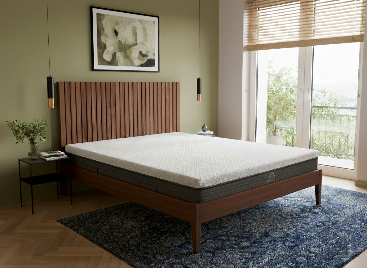 Made in Calgary, our Paradigm hybrid mattress is comfortable, durable, supportive and affordable. Background is AI imagined.