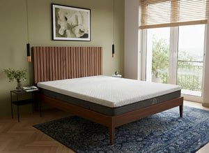 Made in Calgary, our Paradigm hybrid mattress is comfortable, durable, supportive and affordable. Background is AI imagined.