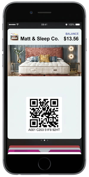 Mattress & Sleep Co. Gift Cards! An example Apple Pay Wallet pass is shown here