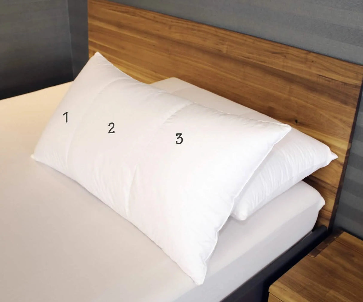 St Genève king-size down pillows are constructed with 3 chambers to prevent down from migrating to the outside edges