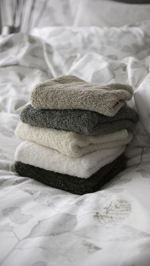 St Genève Aspen Duvet Cover with Abyss Super Pile Colours 770 Linen, 277 Laurel, 101 Ecru, 103 Ivory & 275 Khaki