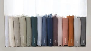 St Genève Echo Linen, left-to-right: Paper, Vanilla, Linen, Lemongrass, Eucalyptus, Atlantic, Sky, Admiral, Marina, Plum, Petal, Rhubarb, Copper, Mist and Shale