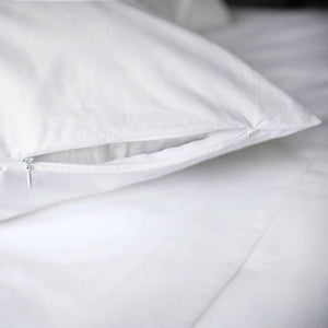 St Genève Sintra 300-thread-count percale bedding in crisp white. Close-up of the sham zippered closure