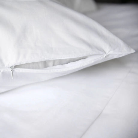 St Genève Sintra 300-thread-count percale bedding in crisp white. Close-up of the sham zippered closure