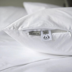 St Genève Sintra 300-thread-count percale bedding in crisp white. Close-up of the sham zippered closure