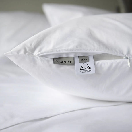 St Genève Sintra 300-thread-count percale bedding in crisp white. Close-up of the sham zippered closure