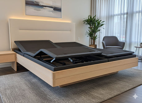 TEAM 7 float bed in white oil alder + sera snow fabric. Ergomotion Ebreza electric adjustable bases. Photo: TMASC. Background is AI generated