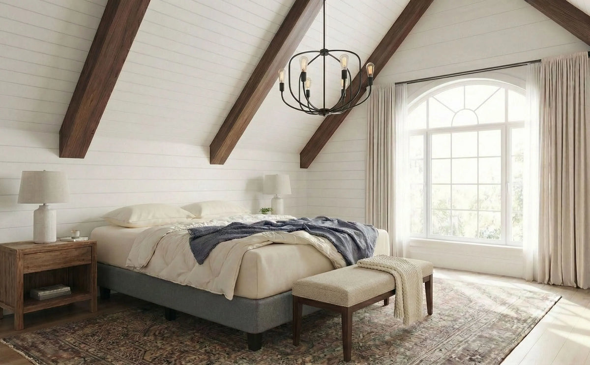 Our 11" organic latex mattress is made in Ottawa by Obasan. Shown here in an AI imagined bedroom. photo: TMASC