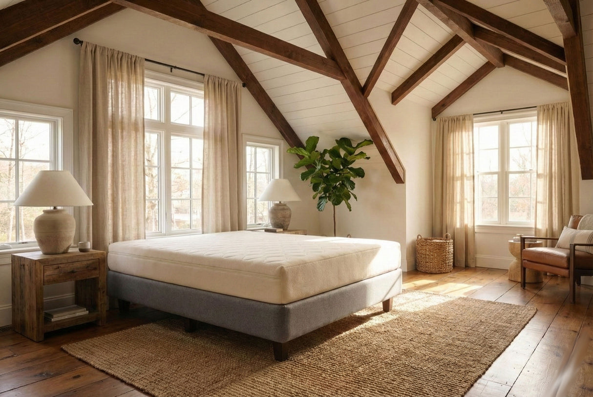 Made in Ottawa by Obasan, our 8" organic latex mattress is individually customizable. Bedroom scene is AI imagined. photo: TMASC