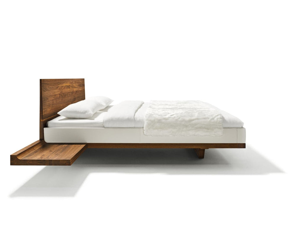 Riletto in Walnut, Wooden Headboard, L1 Polar White Leather Sides, w/ Integrated Floating Bedside Tables