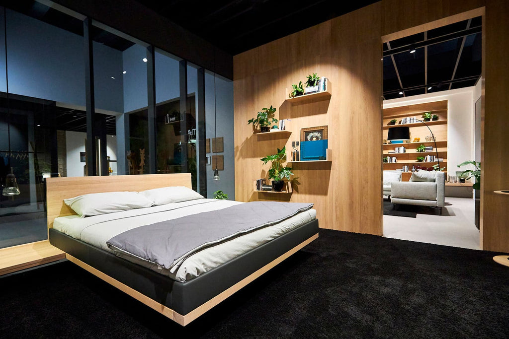 Riletto bed in White Oil Oak & L1 Anthracite Leather, w/ Integrated Floating Bedside Tables