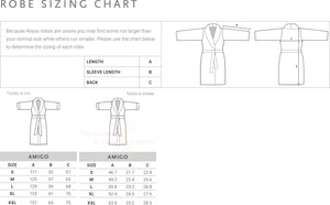 Abyss Amigo Robe unisex sizing chart in metric and imperial dimensions