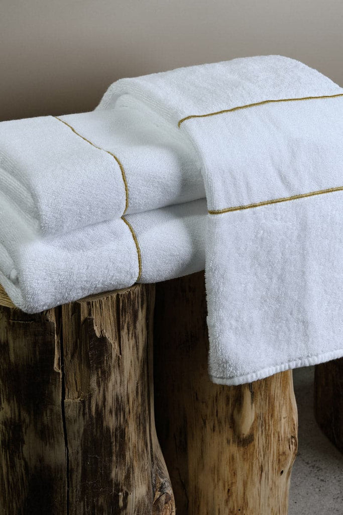 Lara 108 Towels in 100 White w/ Gold Trim