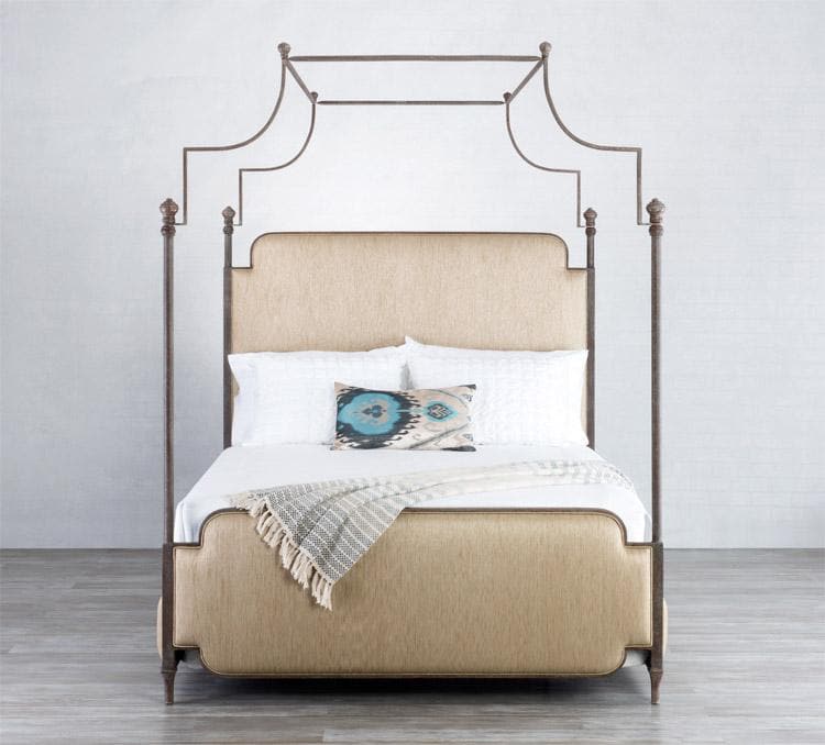Kenton Bed in Textured Copper Moss metal finish & Pearl Santorini fabric